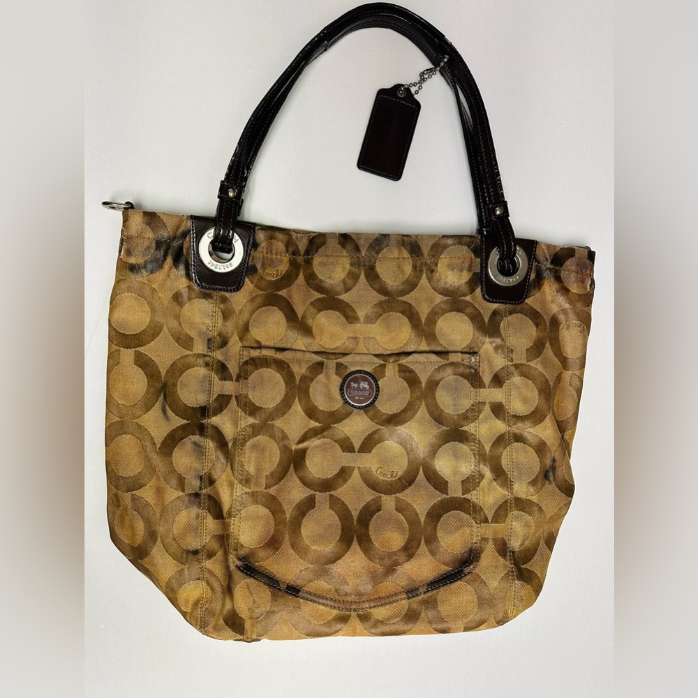 Vintage Coach Tan/Brown Signature Circle Canvas Tote with Dark Brown Handles